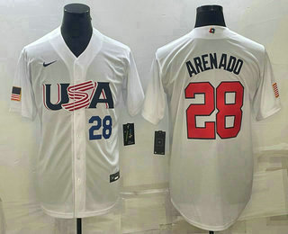 Mens USA Baseball #28 Nolan Arenado Number 2023 White World Baseball Classic Replica Stitched Jerseys->2023 world baseball classic->MLB Jersey